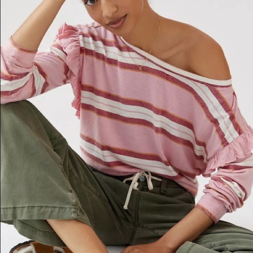 Anthropologie x Pilcro Ruffled Open Back Pink Stripe Long Sleeve Cotton Top XS
